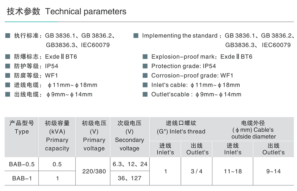 南宫NG·28相信品牌力量BAB系列防爆变压器 (ⅡB) 